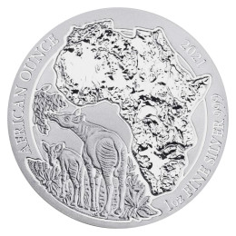 Ruanda: srebrnik African Ounce – Okapi 50 RWF BU 2021 1 oz .999 srebro, BH Mayer’s Kunstprägeanstalt GmbH