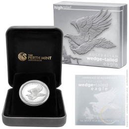Avstralija: srebrnik Wedge-Tailed Eagle (Repati orel) 1 AUD visoki relief PP (polirana plošča) 2014 1 oz .999 srebro, Perth Mint