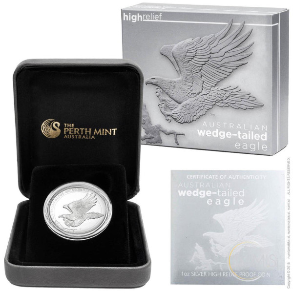 Avstralija: srebrnik Wedge-Tailed Eagle (Repati orel) 1 AUD visoki relief PP (polirana plošča) 2014 1 oz .999 srebro, Perth Mint (AU0999X003742) numizmatika kovanci