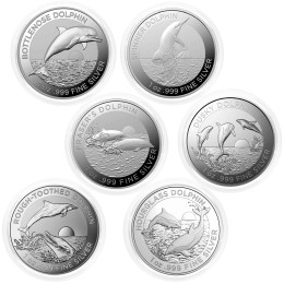 Avstralija: set srebrnikov Dolphin (Delfin) 1 AUD BU 2019–2024 6 × 1 oz .999 srebro, Royal Australian Mint