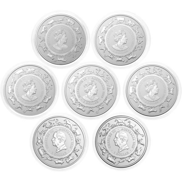 Avstralija: set srebrnikov Lunar RAM I 1 AUD BU 2020–2026 7 × 1 oz .999 srebro, Royal Australian Mint (AU0988X002377) numizmatika kovanci
