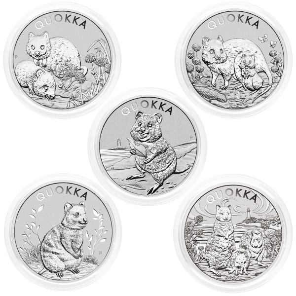 Avstralija: set srebrnikov Quokka 1 AUD BU 2020–2024 5 × 1 oz .9999 srebro, Perth Mint (AU0991X00242495) numizmatika kovanci