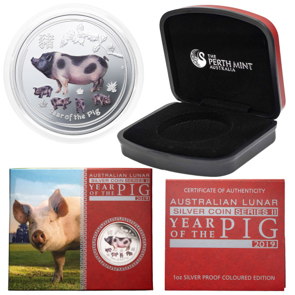 Avstralija – srebrni kovanec Lunar II Year of the Pig 1 AUD 2019 1 oz PP barvni .9999 srebro, Perth Mint (AU0994X003672) numizmatika kovanci