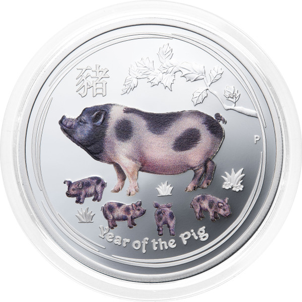 Avstralija – srebrni kovanec Lunar II Year of the Pig 1 AUD 2019 1 oz PP barvni .9999 srebro, Perth Mint (AU0994X003672) numizmatika kovanci