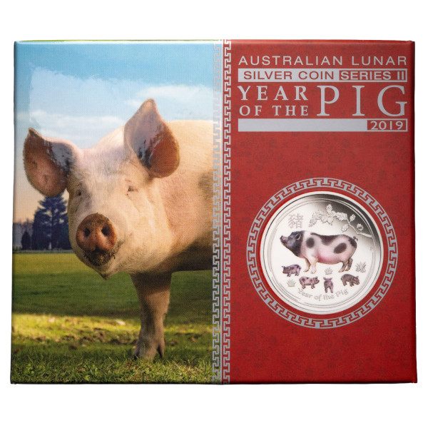 Avstralija – srebrni kovanec Lunar II Year of the Pig 1 AUD 2019 1 oz PP barvni .9999 srebro, Perth Mint (AU0994X003672) numizmatika kovanci