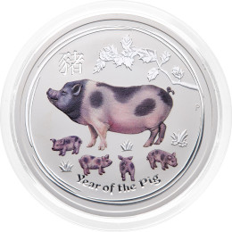 Avstralija: srebrni kovanec Lunar II Year of the Pig (Leto prašiča) 2 AUD 2019 2 oz BU barvni 999.9 srebro, Perth Mint
