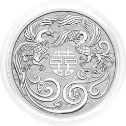 Avstralija: srebrnik Chinese Myths and Legends – Double Phoenix (Dvojni feniks) BU 1 AUD 2025 1 oz .9999 srebro, Perth Mint