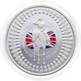 Avstralija: srebrnik Zlati jubilej kraljice Elizabete II. 1 AUD barvni PP (polirana plošča) 2002 1 oz .999 srebro, Perth Mint