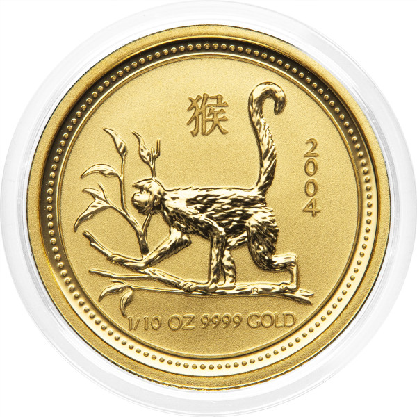 Avstralija: zlati kovanec Lunar I Year of the Monkey 2004 – 15 Dollars, 1/10 oz .9999 zlato, The Perth Mint (AU1009X003769) numizmatika kovanci