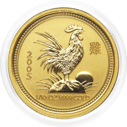 Avstralija: zlati kovanec Lunar I Year of the Rooster 2005 – 15 Dollars, 1/10 oz .9999 zlato, The Perth Mint