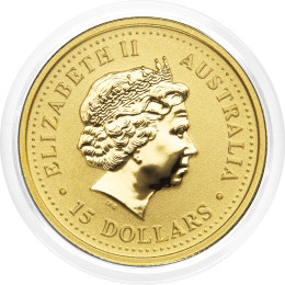 Avstralija: zlati kovanec Lunar I Year of the Rooster 2005 – 15 Dollars, 1/10 oz .9999 zlato, The Perth Mint