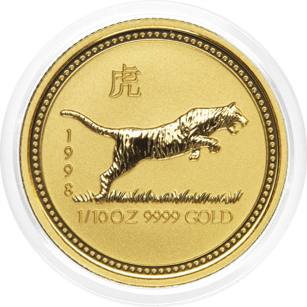 Avstralija: zlati kovanec Lunar I Year of the Tiger 1998 – 15 Dollars, 1/10 oz .9999 zlato, The Perth Mint (AU1015X003770) numizmatika kovanci