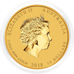 Avstralija: zlatnik Lunar II Dog (Pes) 15 AUD BU 2018 1/10 oz .9999 zlato, Perth Mint