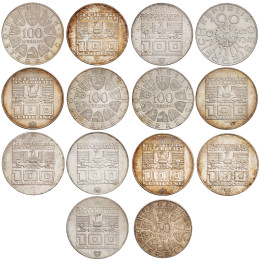 Avstrija – Druga republika: lot srebrnikov 13 × 100 Schilling + 1 × 50 Schilling .640 in .900 srebro, skupaj 325,5 g
