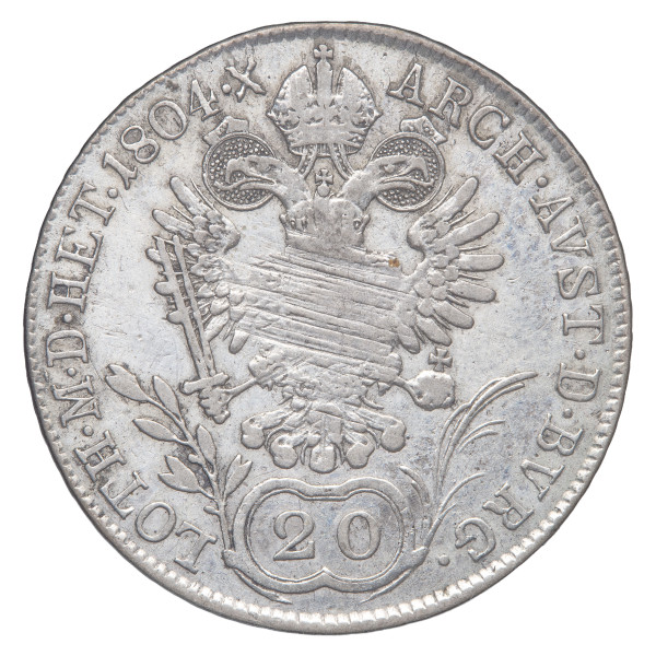 Avstrija (Habsburška monarhija): srebrni kovanec 20 Kreuzer 1804 B – Franc II., srebro .583, 6,48 g (AT1209X003638) numizmatika kovanci