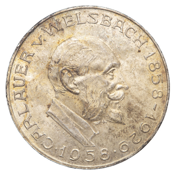 Avstrija (Republika): 25 šilingov 1958 – Carl Auer von Welsbach, srebro 800/1000, 13,02 g (AT1055X003596) numizmatika kovanci