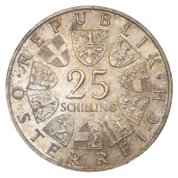 Avstrija (Republika): kovanec 25 šilingov 1965 – Technische Hochschule Wien, srebro 800/1000, 12,98 g