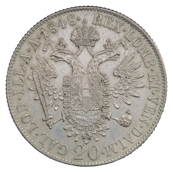 Avstrija: srebrnik 20 krajcarjev 1848 A Ferdinand I. .583 srebro (AT1165X003431) numizmatika kovanci