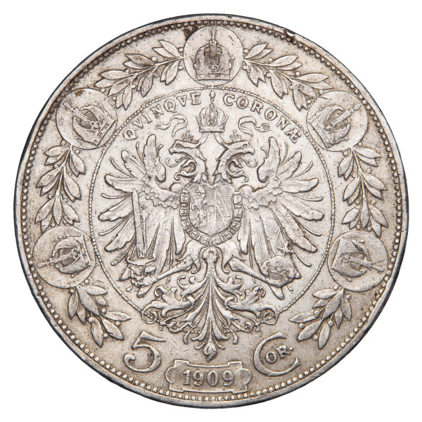 Avstro-Ogrska: 5 kron 1909, Franc Jožef I., avstrijski tip, srebro 900/1000, 23,99 g (AT1104X003559) numizmatika kovanci