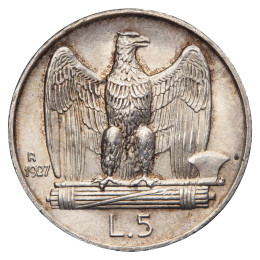 Italija: 5 lir 1927 R – Vittorio Emanuele III, tip “Aquila su fascio”, srebro 835/1000, 4,99 g