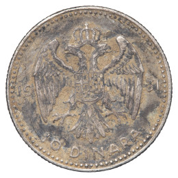 Jugoslavija (Kraljevina): kovanec 1 Dinar 1931 – kralj Aleksander I., srebro 500/1000, 6,82 g