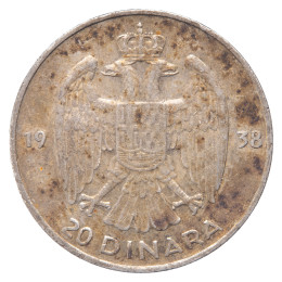 Jugoslavija (Kraljevina): srebrni kovanec 20 Dinarjev 1938 – Peter II., srebro .750, 8,99 g