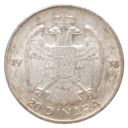 Jugoslavija (Kraljevina): srebrni kovanec 20 Dinarjev 1938 – Peter II., srebro .750, 9,01 g