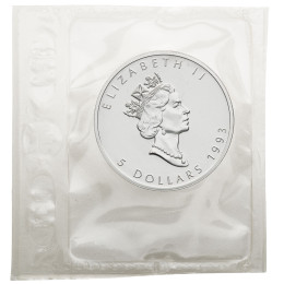 Kanada: srebrnik Maple Leaf (Javorjev list) 5 CAD BU 1993 1 oz .9999 srebro, Royal Canadian Mint