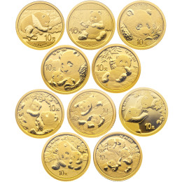 Kitajska (Ljudska republika): set zlatnikov Panda BU 10 Yuan 2016–2025 10 × 1 g .999 zlato, China Gold Coin Incorporation, originalna folija