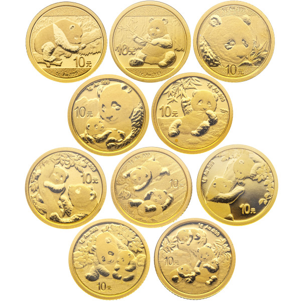 Kitajska (Ljudska republika): set zlatnikov Panda BU 10 Yuan 2016–2025 10 × 1 g .999 zlato, China Gold Coin Incorporation, originalna folija (CN0988X003501) numizmatika kovanci