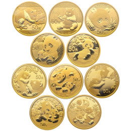 Kitajska (Ljudska republika): set zlatnikov Panda BU 50 Yuan 2016–2025 10 × 3 g .999 zlato, China Gold Coin Incorporation, originalna folija