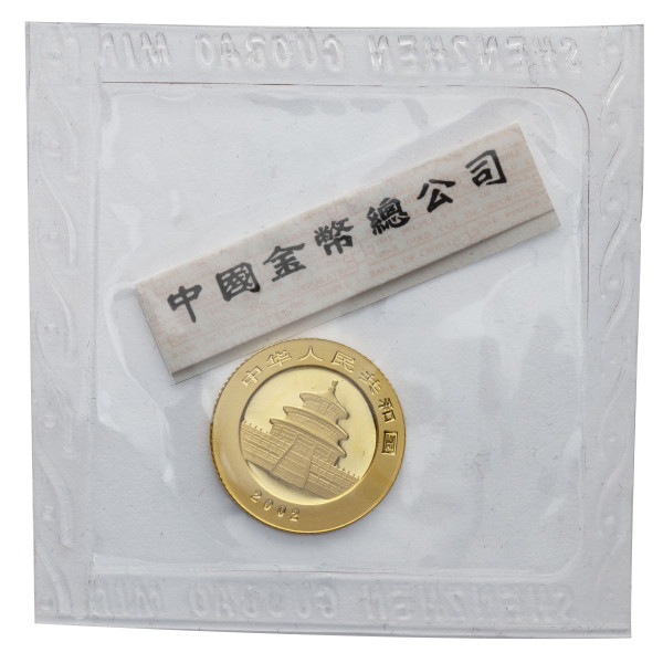 Kitajska (Ljudska republika): zlatnik Panda 20 Yuan BU 2002 1/20 oz .999 zlato, China Gold Coin Incorporation (CN1011X003116) numizmatika kovanci