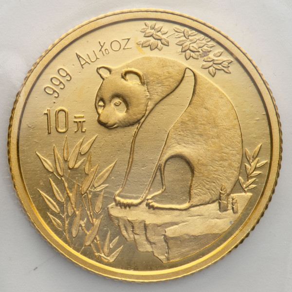 Kitajska (Ljudska republika): zlatnik Panda BU 10 Yuan 1993 1/10 oz .999 zlato, China Gold Coin Incorporation, mala letnica (CN1020X003450) numizmatika kovanci