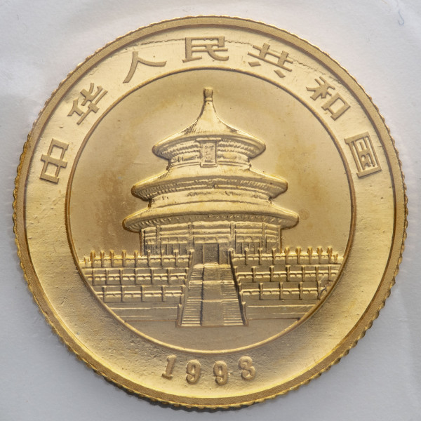 Kitajska (Ljudska republika): zlatnik Panda BU 10 Yuan 1993 1/10 oz .999 zlato, China Gold Coin Incorporation, mala letnica (CN1020X003450) numizmatika kovanci