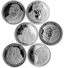 Kongo: set srebrnikov Silverback Gorilla 5000 Francs PL 2015–2020 6 × 1 oz .999 srebro, Scottsdale Mint