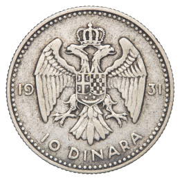 Kraljevina Jugoslavija: srebrnik 10 dinarjev 1931 – Aleksander I., .500 srebro, 6,88 g