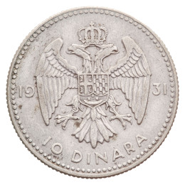 Kraljevina Jugoslavija: srebrnik 10 dinarjev 1931 Aleksander I. .500 srebro