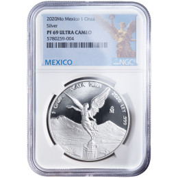 Mehika: srebrnik Libertad 1 onza 2020 – 1 oz .999 srebro, Casa de Moneda de México – NGC PF69 Ultra Cameo