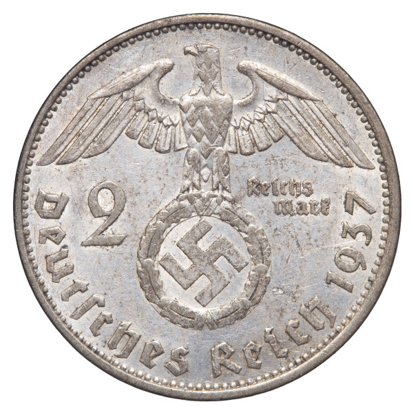 Nemčija (Tretji rajh): kovanec 2 Reichsmark 1937 A – Paul von Hindenburg, srebro .625, 7,98 g (DE1076X003637) numizmatika kovanci