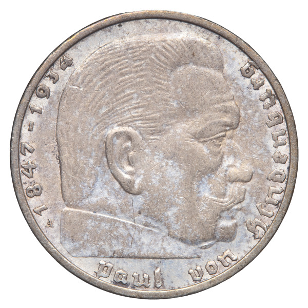 Nemčija (Tretji rajh): kovanec 2 Reichsmark 1937 A – Paul von Hindenburg, srebro .625, 7,98 g (DE1076X003637) numizmatika kovanci