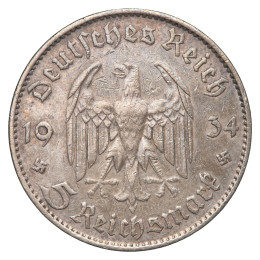 Nemčija (Tretji rajh): kovanec 5 Reichsmark 1934 F – Potsdamska cerkev, srebro .900, 13,73 g