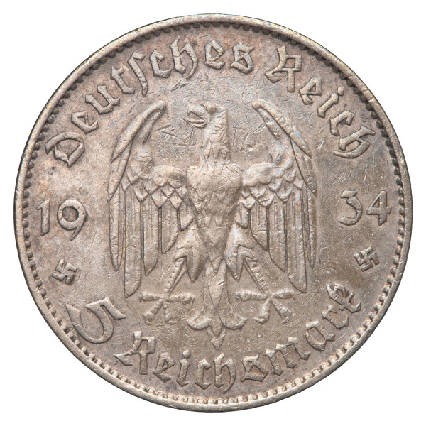 Nemčija (Tretji rajh): kovanec 5 Reichsmark 1934 F – Potsdamska cerkev, srebro .900, 13,73 g (DE1079X003662) numizmatika kovanci