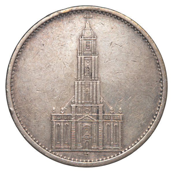 Nemčija (Tretji rajh): kovanec 5 Reichsmark 1934 F – Potsdamska cerkev, srebro .900, 13,73 g (DE1079X003662) numizmatika kovanci