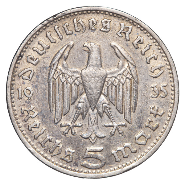 Nemčija (Tretji rajh): kovanec 5 Reichsmark 1935 D – Paul von Hindenburg, srebro .900, 13,91 g (DE1077X003628) numizmatika kovanci