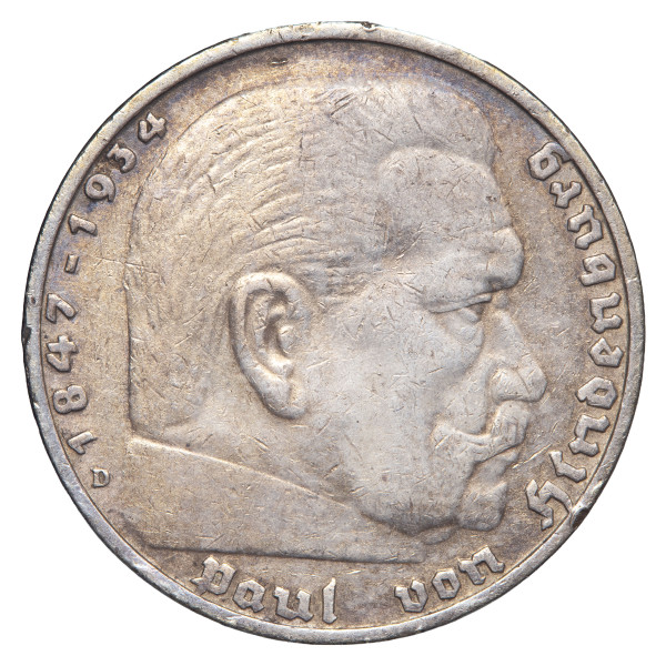 Nemčija (Tretji rajh): kovanec 5 Reichsmark 1935 D – Paul von Hindenburg, srebro .900, 13,91 g (DE1077X003628) numizmatika kovanci