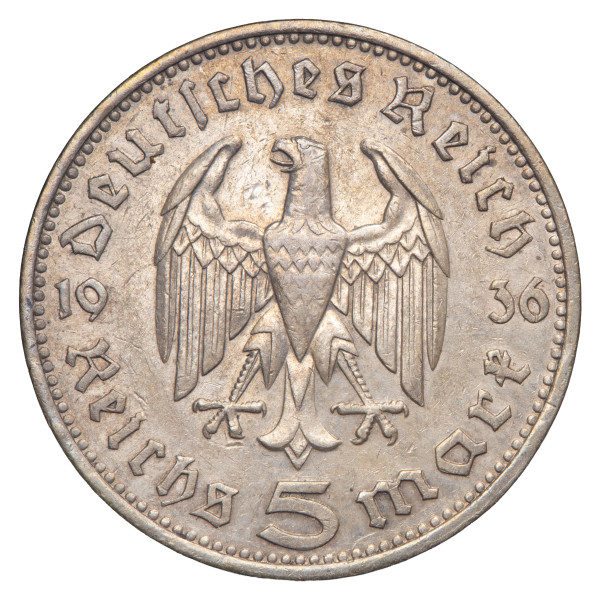 Nemčija (Tretji rajh): kovanec 5 Reichsmark 1936 F – Paul von Hindenburg, srebro .900, 13,75 g (DE1077X003695) numizmatika kovanci