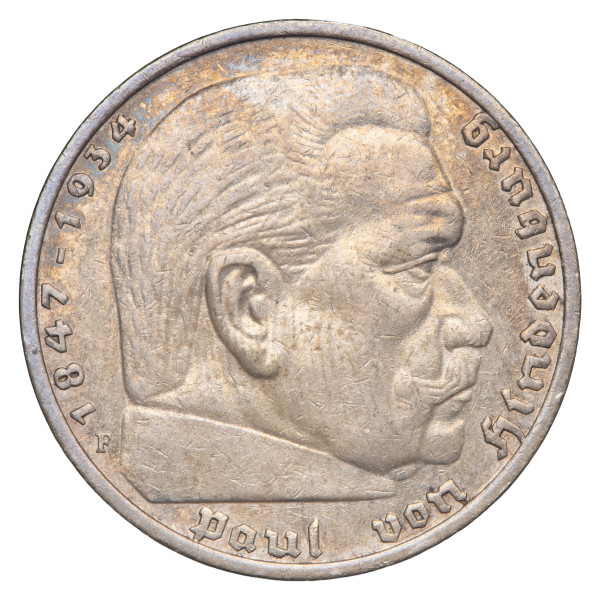 Nemčija (Tretji rajh): kovanec 5 Reichsmark 1936 F – Paul von Hindenburg, srebro .900, 13,75 g (DE1077X003695) numizmatika kovanci