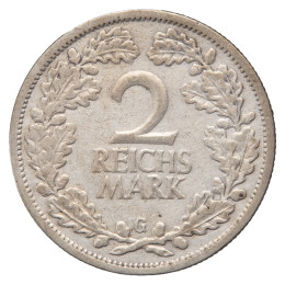 Nemčija (Weimarska republika): srebrni kovanec 2 Reichsmark 1925 G, srebro .500, 9,97 g