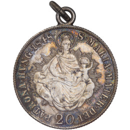  Ogrska (Habsburška monarhija): srebrni obesni kovanec 20 Kreuzer 1848 B – Ferdinand I., 7,09 g