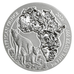 Ruanda: srebrnik African Ounce – Spotted Hyena 50 RWF BU 2026 1 oz .999 srebro, BH Mayer’s Kunstprägeanstalt GmbH